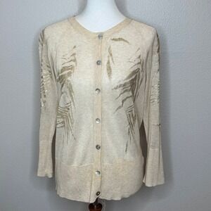 ST. JOHN Beige Semi-Sheer Cardigan Sweater MED Metallic Gold Quiet Luxury CBK